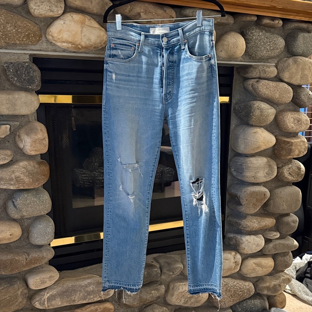 Mother Superior High Waisted Hiker Hover undone hem Distressed Blue Jeans